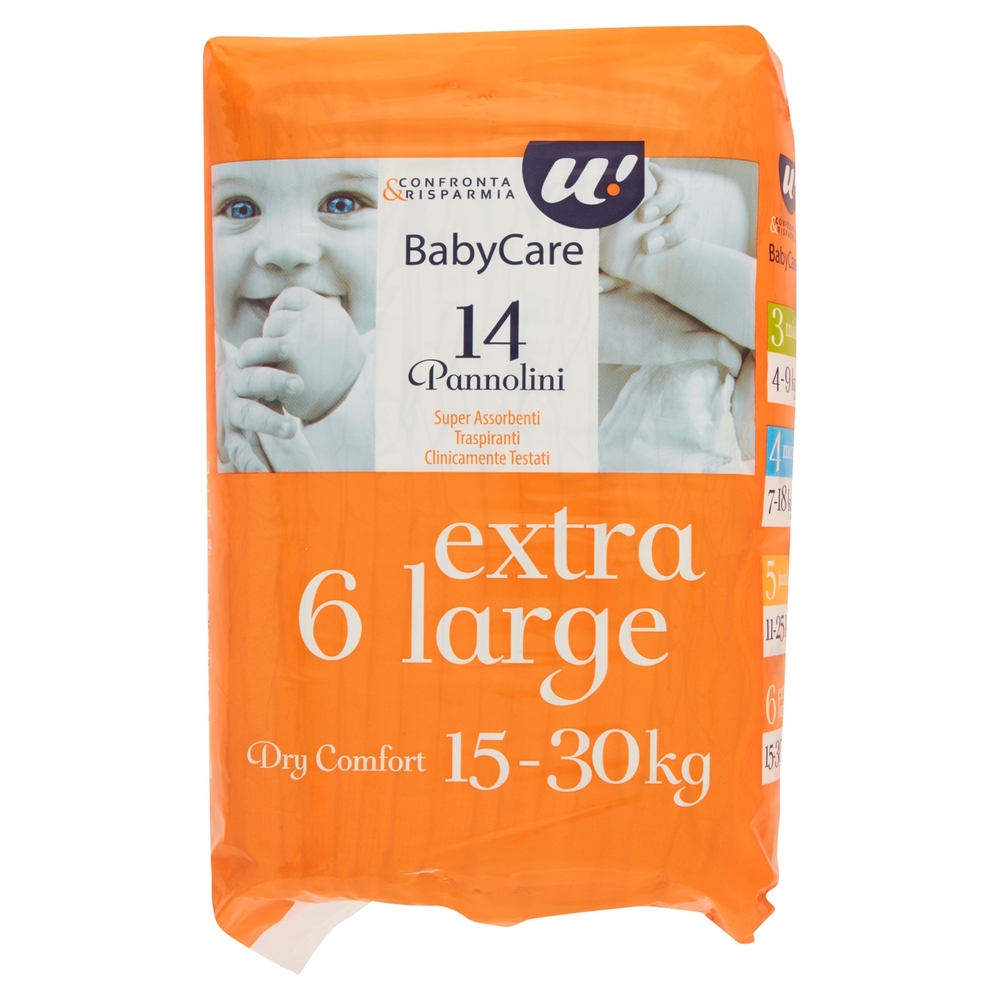 14 PANNOLINI BABY CARE EXTRA LARGE DRY COMFORT 15-30 KG U! Confronta & Risparmia